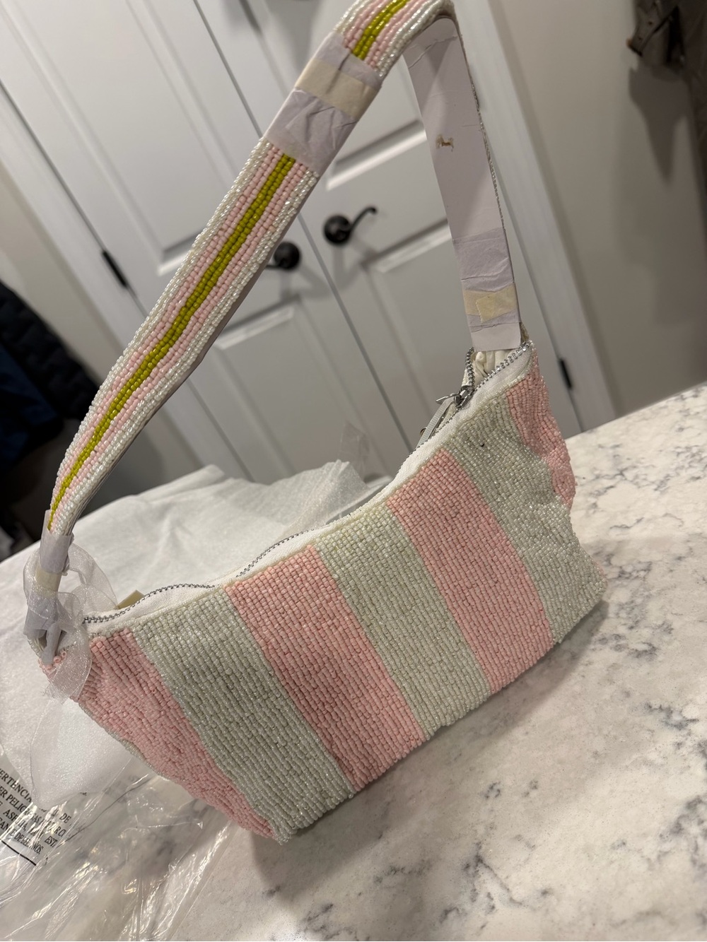 Beaded Pink & Yellow Fruit-Pattern (Apple) Shoulder Bag - Picture 6 of 8